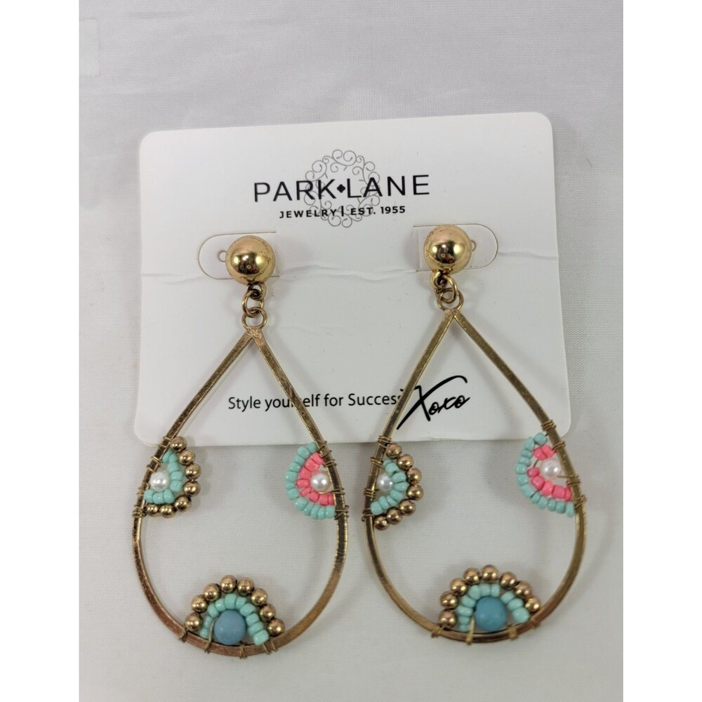 PARK LANE Indie Earrings Big Gold Teardrop Hoops Coral Turquoise Beads NEW